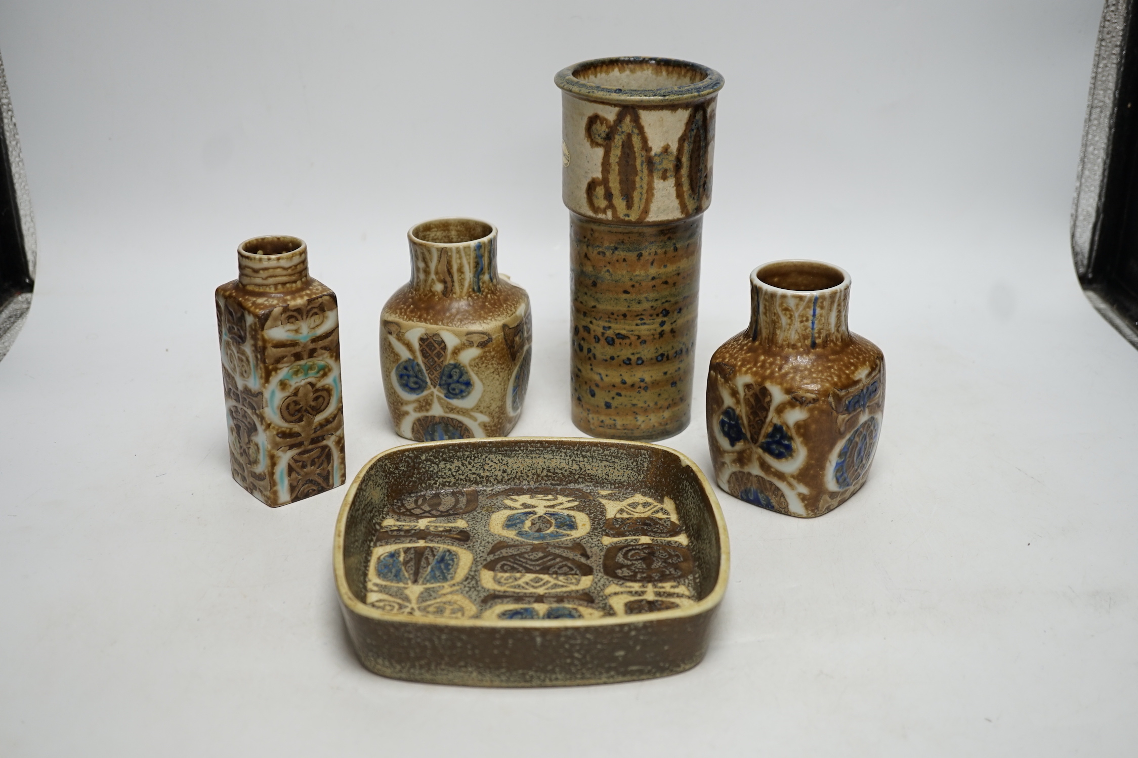 Five Royal Copenhagen fajance or Alumina items by Nils Thorssen, four vases and a square section shallow dish, tallest 19cm